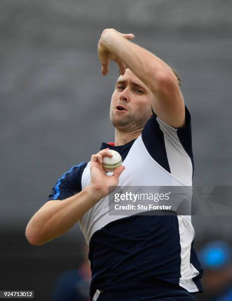 England bowler Chris Woakes in action during nets ahead of the 2nd ODI at the Bay Oval on February 27, 2018 in Tauranga, New Zealand.