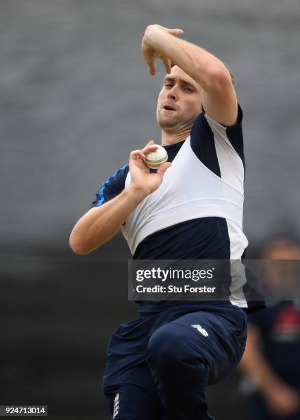 England bowler Chris Woakes in action during nets ahead of the 2nd ODI at the Bay Oval on February 27, 2018 in Tauranga, New Zealand.