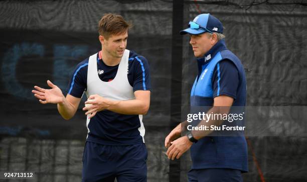 England bowler Chris Woakes with fast bowling coach Chris Silverwood during nets ahead of the 2nd ODI at the Bay Oval on February 27, 2018 in...