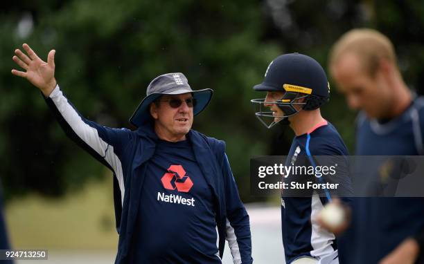 England batsman Jos Buttler with coach Trevor Bayliss during nets ahead of the 2nd ODI at the Bay Oval on February 27, 2018 in Tauranga, New Zealand.