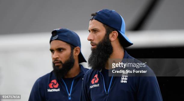 England spinners Adil Rashid and Moeen Ali look on during nets ahead of the 2nd ODI at the Bay Oval on February 27, 2018 in Tauranga, New Zealand.