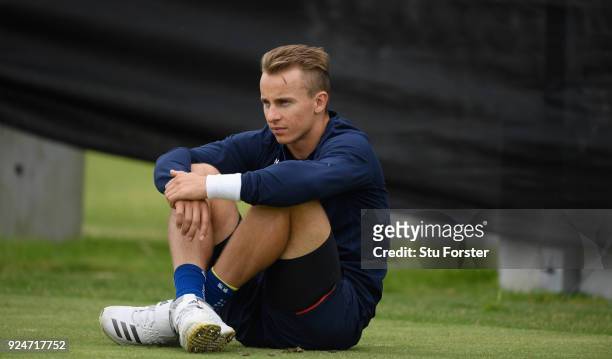 England bowler Tom Curran looks on during nets ahead of the 2nd ODI at the Bay Oval on February 27, 2018 in Tauranga, New Zealand.
