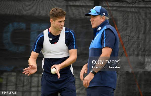 England bowler Chris Woakes with fast bowling coach Chris Silverwood during nets ahead of the 2nd ODI at the Bay Oval on February 27, 2018 in...