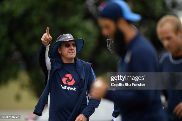 England coach Trevor Bayliss makes a point during nets ahead of the 2nd ODI at the Bay Oval on February 27, 2018 in Tauranga, New Zealand.