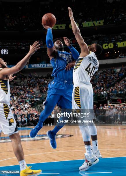 Wesley Matthews of the Dallas Mavericks goes to the basket against the Indiana Pacers on February 26, 2018 at the American Airlines Center in Dallas,...