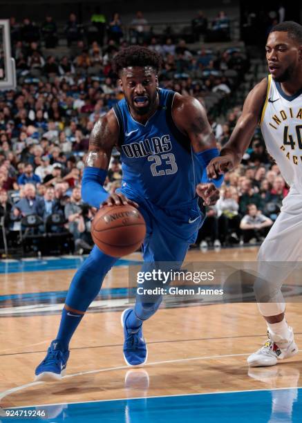 Wesley Matthews of the Dallas Mavericks handles the ball against the Indiana Pacers on February 26, 2018 at the American Airlines Center in Dallas,...