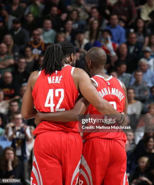 Nene Hilario and Luc Mbah a Moute of the Houston Rockets during the game against the Utah Jazz on February 26, 2018 at vivint.SmartHome Arena in Salt...