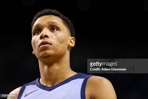 Ivan Rabb of the Memphis Grizzlies looks on during a game against the Boston Celtics at TD Garden on February 26, 2018 in Boston, Massachusetts. NOTE...
