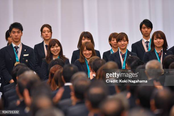 Pyeongchang Olympics ladies curling Bronze medalists Yurika Yoshida, Yumi Suzuki, Chinami Yoshida, Satsuki Fujisawa are seen during the PyeongChang...