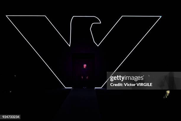 Model walks the runway at the Emporio Armani Ready to Wear Fall/Winter 2018-2019 fashion show during Milan Fashion Week Fall/Winter 2018/19 on...