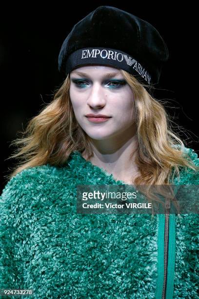 Model walks the runway at the Emporio Armani Ready to Wear Fall/Winter 2018-2019 fashion show during Milan Fashion Week Fall/Winter 2018/19 on...