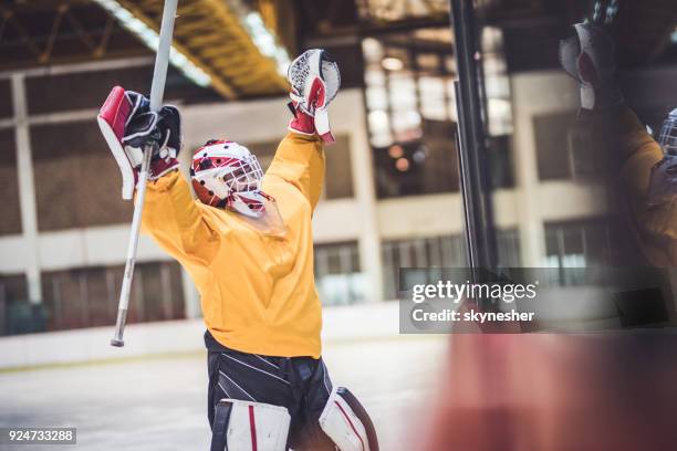 ¡sí, hemos ganado el juego! - guante de hockey sobre hielo fotografías e imágenes de stock