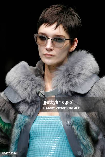 Model walks the runway at the Emporio Armani Ready to Wear Fall/Winter 2018-2019 fashion show during Milan Fashion Week Fall/Winter 2018/19 on...