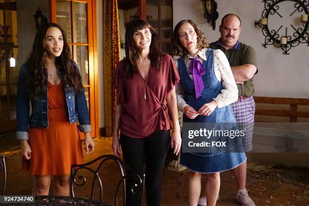 Cleopatra Coleman, Mary Steenburgen, Kristen Schaal and Mel Rodriguez in the "Nizzle Pizzy in a Dizzle Stizzy" episode of THE LAST MAN ON EARTH...