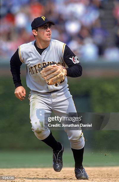 Shortstop Jack Wilson of the Pittsburgh Pirates ranges to his right during the MLB game against the Chicago Cubs at Wrigley Field in Chicago,...