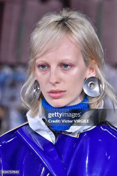 Model walks the runway at the Marni Ready to Wear Fall/Winter 2018-2019 fashion show during Milan Fashion Week Fall/Winter 2018/19 on February 25,...