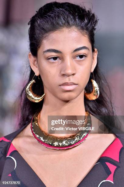 Model walks the runway at the Marni Ready to Wear Fall/Winter 2018-2019 fashion show during Milan Fashion Week Fall/Winter 2018/19 on February 25,...