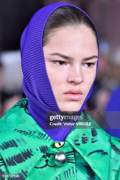 Model walks the runway at the Marni Ready to Wear Fall/Winter 2018-2019 fashion show during Milan Fashion Week Fall/Winter 2018/19 on February 25,...