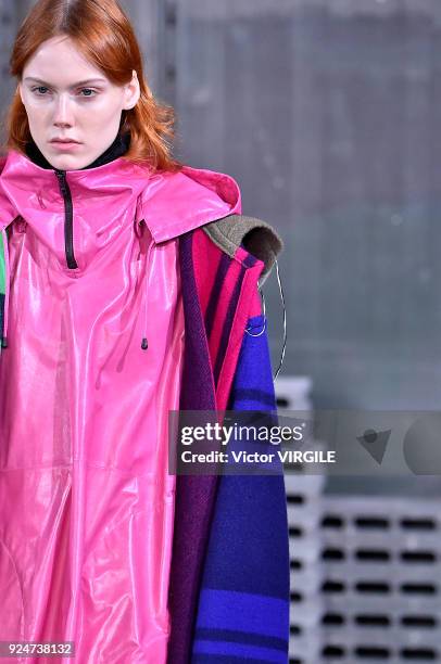 Model walks the runway at the Marni Ready to Wear Fall/Winter 2018-2019 fashion show during Milan Fashion Week Fall/Winter 2018/19 on February 25,...