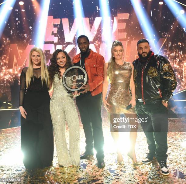 Meghan Trainor, winner Evvie McKinney, Sean Diddy Combs, Fergie and DJ Khalid in the Finale season finale episode of THE FOUR: BATTLE FOR STARDOM...