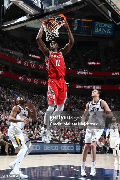 Luc Mbah a Moute of the Houston Rockets dunks the ball against the Utah Jazz on February 26, 2018 at vivint.SmartHome Arena in Salt Lake City, Utah....