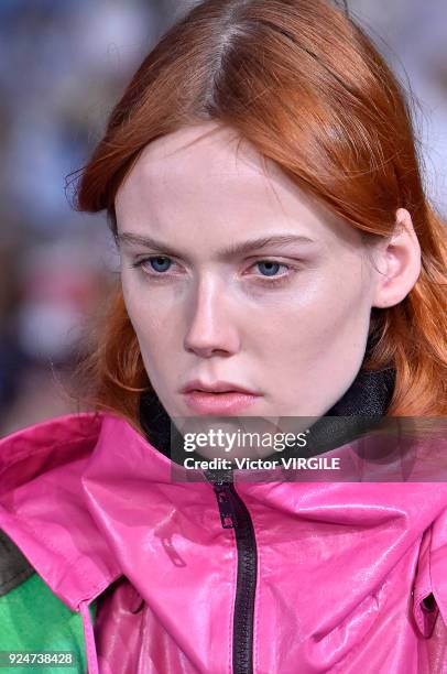 Model walks the runway at the Marni Ready to Wear Fall/Winter 2018-2019 fashion show during Milan Fashion Week Fall/Winter 2018/19 on February 25,...