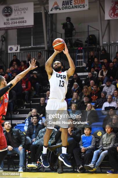 Xavier Silas of USA shoots the ball against Puerto Rico on February 26, 2018 at Kaiser Permanente Arena in Santa Cruz, California. NOTE TO USER: User...