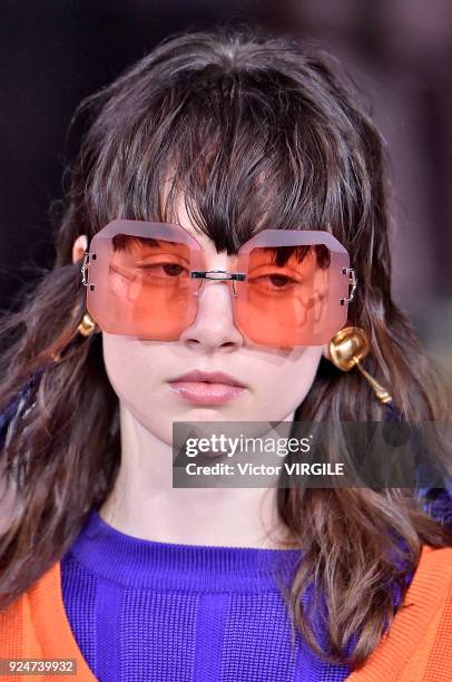 Model walks the runway at the Marni Ready to Wear Fall/Winter 2018-2019 fashion show during Milan Fashion Week Fall/Winter 2018/19 on February 25,...