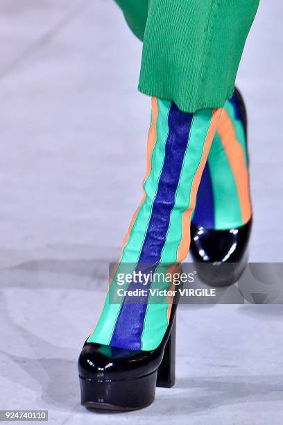 Model walks the runway at the Marni Ready to Wear Fall/Winter 2018-2019 fashion show during Milan Fashion Week Fall/Winter 2018/19 on February 25,...