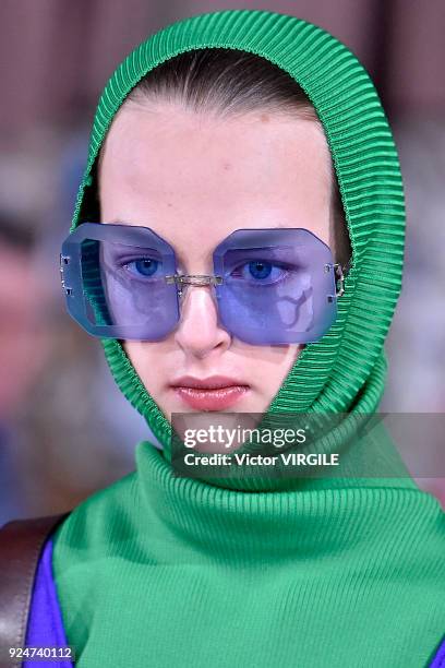 Model walks the runway at the Marni Ready to Wear Fall/Winter 2018-2019 fashion show during Milan Fashion Week Fall/Winter 2018/19 on February 25,...