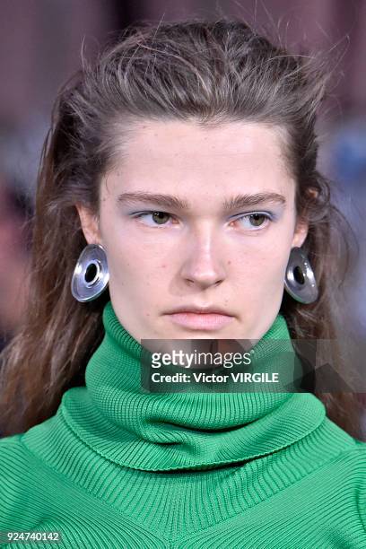 Model walks the runway at the Marni Ready to Wear Fall/Winter 2018-2019 fashion show during Milan Fashion Week Fall/Winter 2018/19 on February 25,...