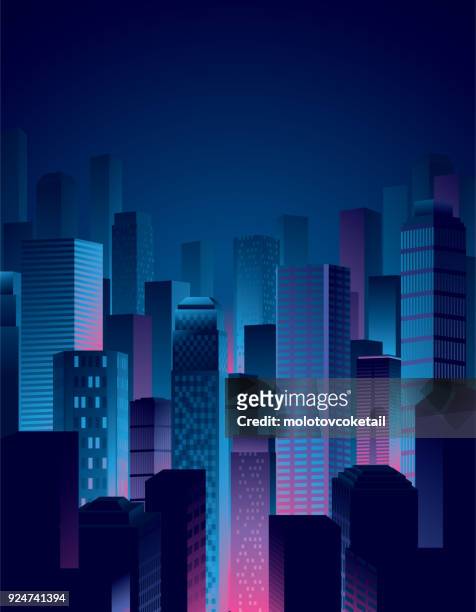 stockillustraties, clipart, cartoons en iconen met nacht uitzicht op de stad in blauw en roze kleuren - nacht