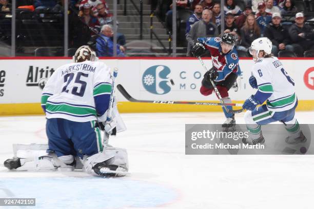 Matt Nieto of the Colorado Avalanche takes a shot against goaltender Jacob Markstrom of the Vancouver Canucks at the Pepsi Center on February 26,...