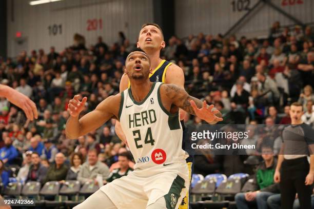 Joel Bolomboy of the Wisconsin Herd boxes out during the game against the Fort Wayne Mad Ants on FEBRUARY 21, 2018 at the Menominee Nation Arena in...