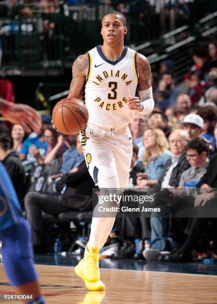Joe Young of the Indiana Pacers handles the ball against the Dallas Mavericks on February 26, 2018 at the American Airlines Center in Dallas, Texas....