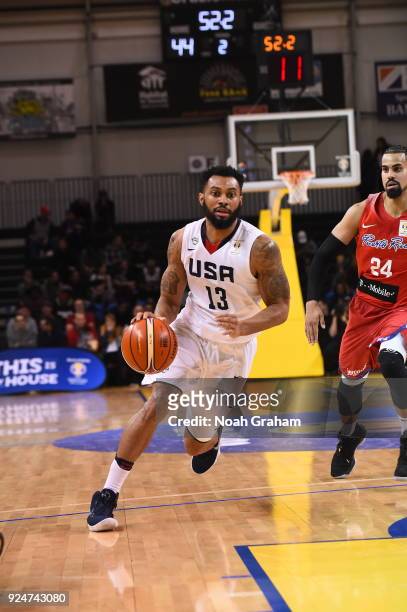Xavier Silas of USA handles the ball against Puerto Rico on February 26, 2018 at Kaiser Permanente Arena in Santa Cruz, California. NOTE TO USER:...