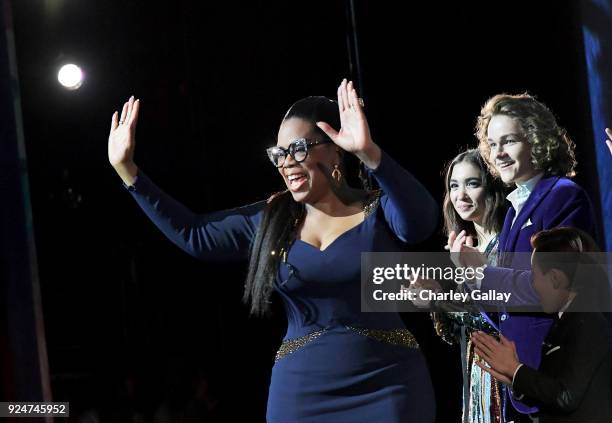 Actors Oprah Winfrey, Rowan Blanchard, and Levi Miller speak onstage at the world premiere of Disneys 'A Wrinkle in Time' at the El Capitan Theatre...