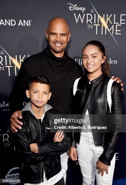 Dre Terrell Whitfield, actor Dondre Whitfield, and Parker Richardson Whitfield arrive at the world premiere of Disneys 'A Wrinkle in Time' at the El...