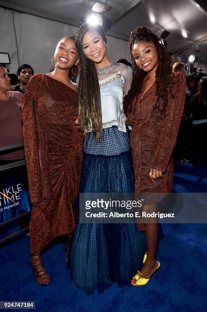 Actors Chloe Bailey, Storm Reid, and Halle Bailey arrive at the world premiere of Disneys 'A Wrinkle in Time' at the El Capitan Theatre in Hollywood...