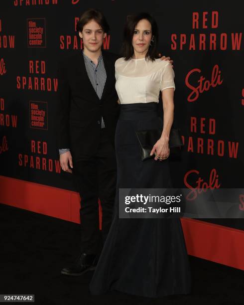 William Atticus Parker and Mary Louise Parker attend the premiere of "Red Sparrow" at Alice Tully Hall at Lincoln Center on February 26, 2018 in New...