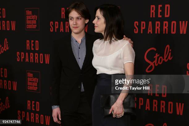 William Atticus Parker and Mary Louise Parker attend the premiere of "Red Sparrow" at Alice Tully Hall at Lincoln Center on February 26, 2018 in New...