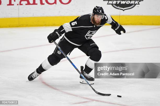 Jake Muzzin of the Los Angeles Kings handles the puck during a game against the Vegas Golden Knights at STAPLES Center on February 26, 2018 in Los...