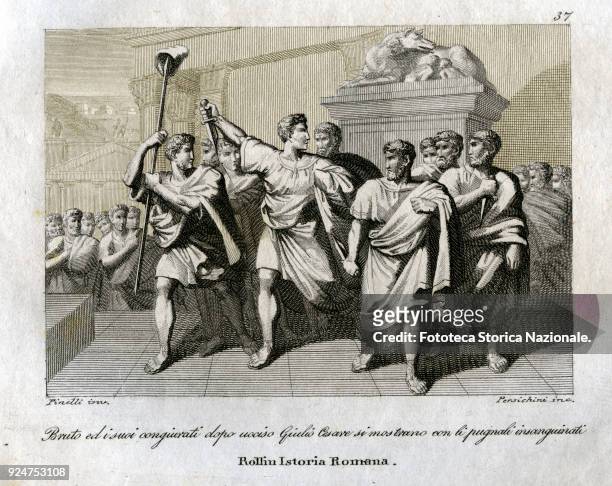 Brutus and his conspirators after slain Julius Caesar are shown with their blood+D2:D49y daggers'. The Ides of March: March 15, 44 BC. Illustrated...