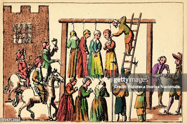 Execution by hanging of four witches. Colored engraving from 'Law and Custom of Scotland in Matters Criminal', by Sir George Mackenzie. Scotland,...