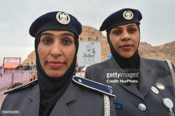 Two members of the Abu Dhabi Police Forc es, Amal A. Aqlan and Mouza A. Al Dhaheri, seen at the finish line of the fifth and final stage of the 2018...