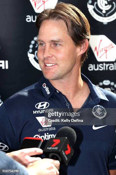 David Teague assistant coach talks to media during a Carlton Blues AFL training session at Ikon Park on February 27, 2018 in Melbourne, Australia.