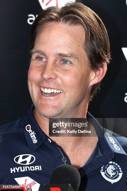 David Teague assistant coach talks to media during a Carlton Blues AFL training session at Ikon Park on February 27, 2018 in Melbourne, Australia.