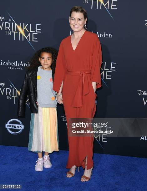 Ellen Pompeo;Stella Ivery arrives at the Premiere Of Disney's "A Wrinkle In Time" on February 26, 2018 in Los Angeles, California.