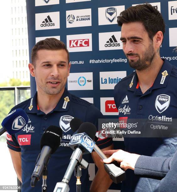 Kosta Barbarouses and Rhys Williams speak to media during a Melbourne Victory and Melbourne City FC A-League media opportunity ahead of this week's...