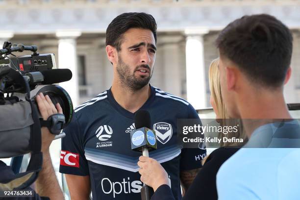 Rhys Williams speaks to media during a Melbourne Victory and Melbourne City FC A-League media opportunity ahead of this week's 'The Decider" at...